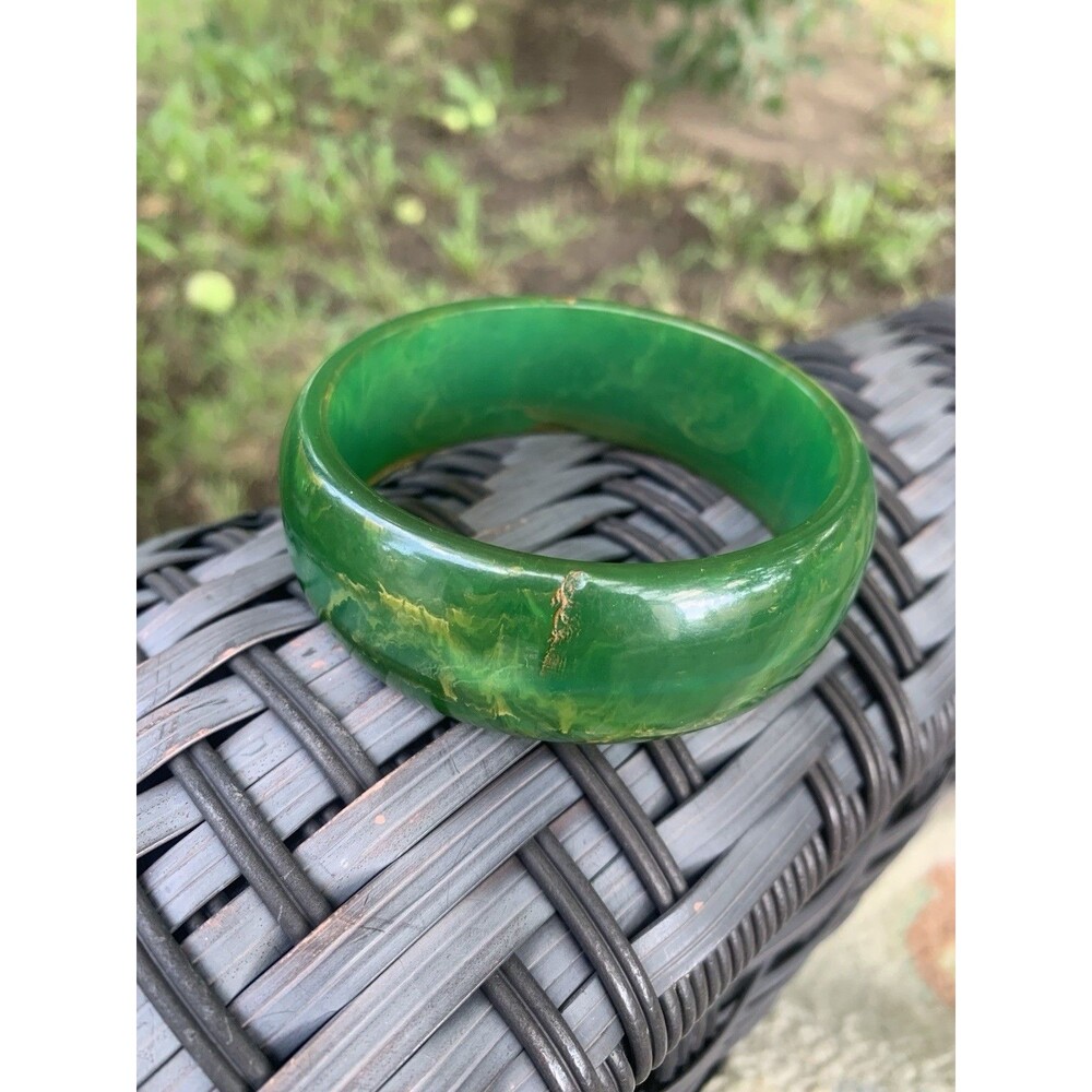 Vintage Bakelite Bracelet Marbled Green Creamed Spinach Swirl 1" Wide Tested